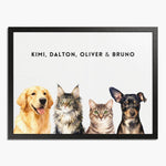 Watercolor portrait of four pets side by side on a soft white background, framed in black wood, with their names printed above.
