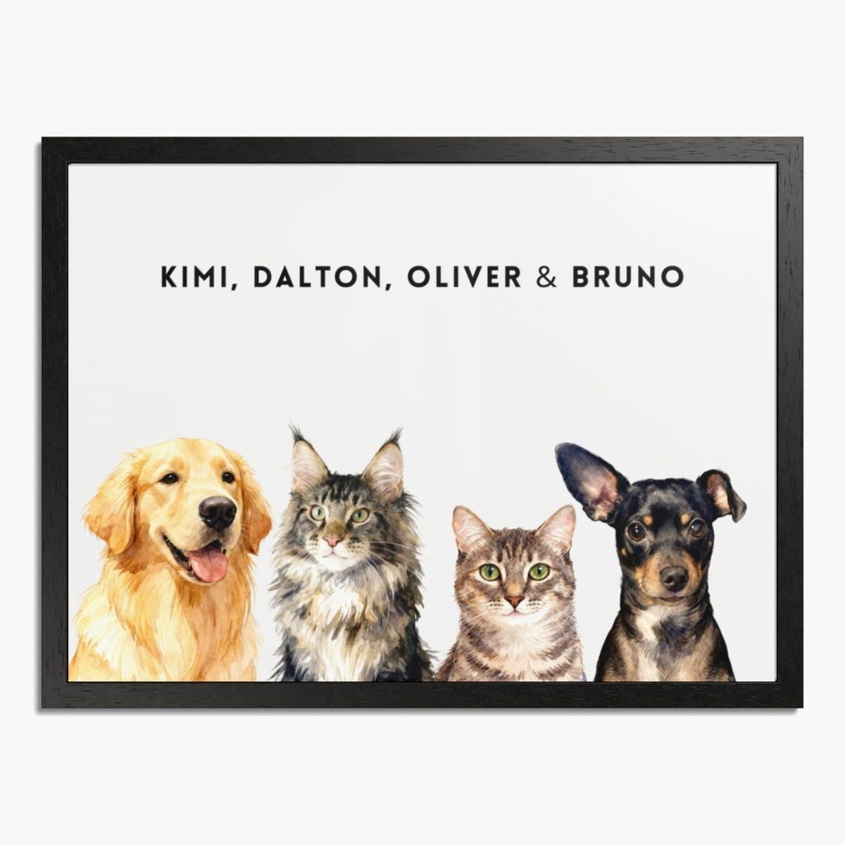 Watercolor portrait of four pets side by side on a soft white background, framed in black wood, with their names printed above.