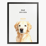 Watercolor golden retriever portrait with a gold halo, on a soft white background in a black wood frame; text above reads "MAX 2013-2024".