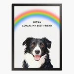 Watercolor black-and-white border collie under an arched rainbow on a soft white background, in a black wood frame; text reads "NOVA ALWAYS MY BEST FRIEND".