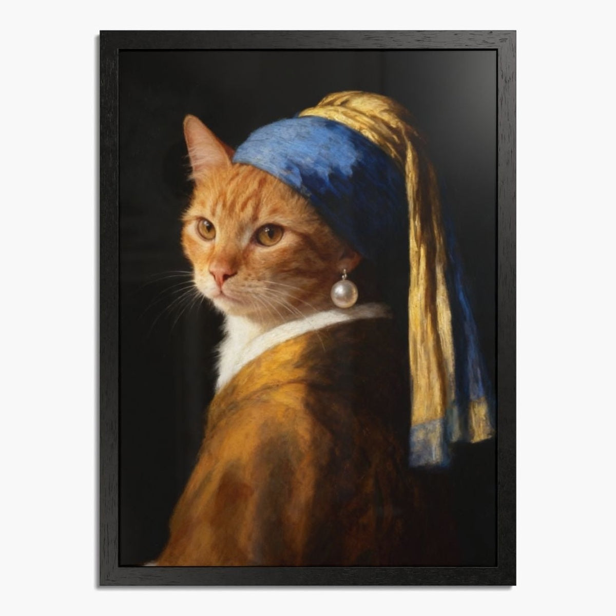 Old-master style portrait of a ginger tabby cat in a blue and gold turban and a pearl earring, in a black wood frame.