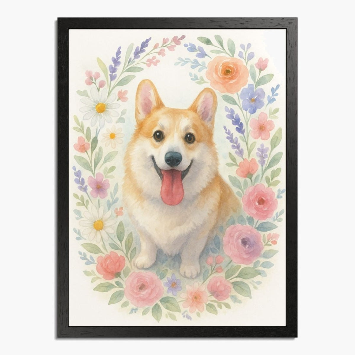 Watercolor portrait of a smiling corgi ringed by pastel roses, daisies and lavender, in a black wood frame.