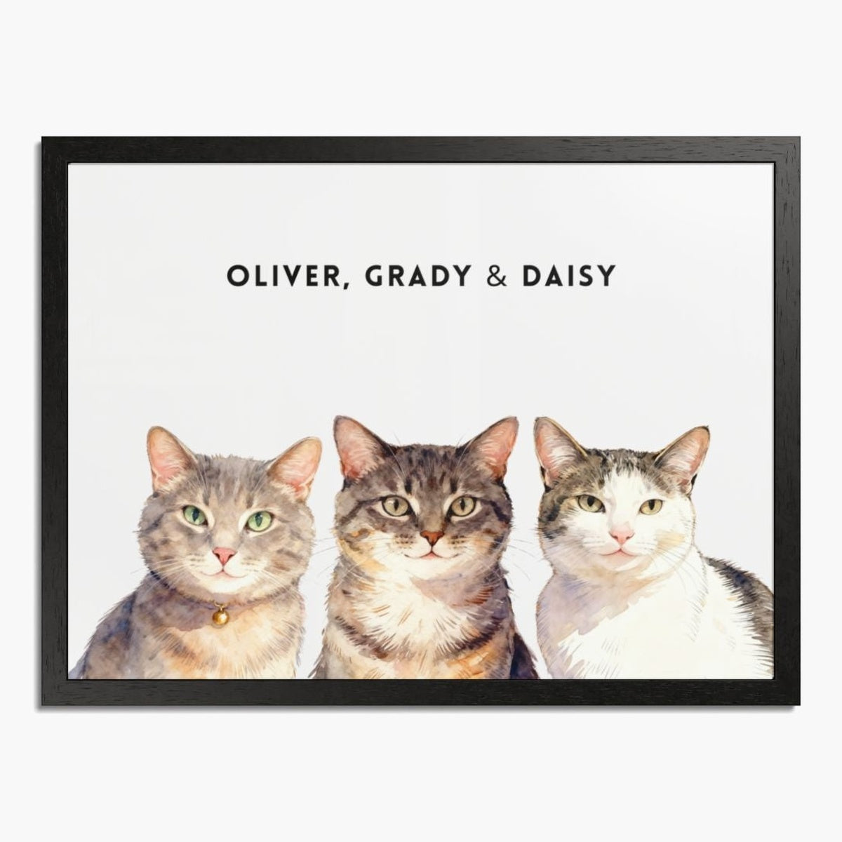Watercolor portrait of three pets side by side on a soft white background, framed in black wood, with their names printed above.