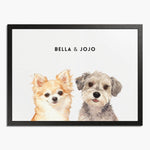 Watercolor portrait of two pets side by side on a soft white background, framed in black wood, with their names printed above.