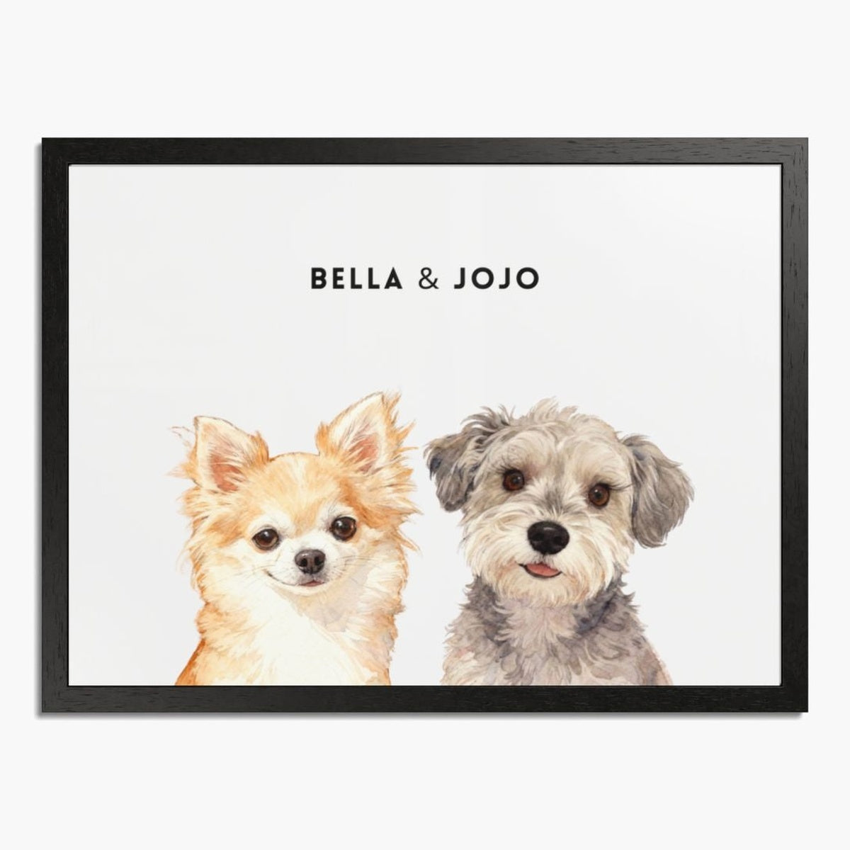 Watercolor portrait of two pets side by side on a soft white background, framed in black wood, with their names printed above.