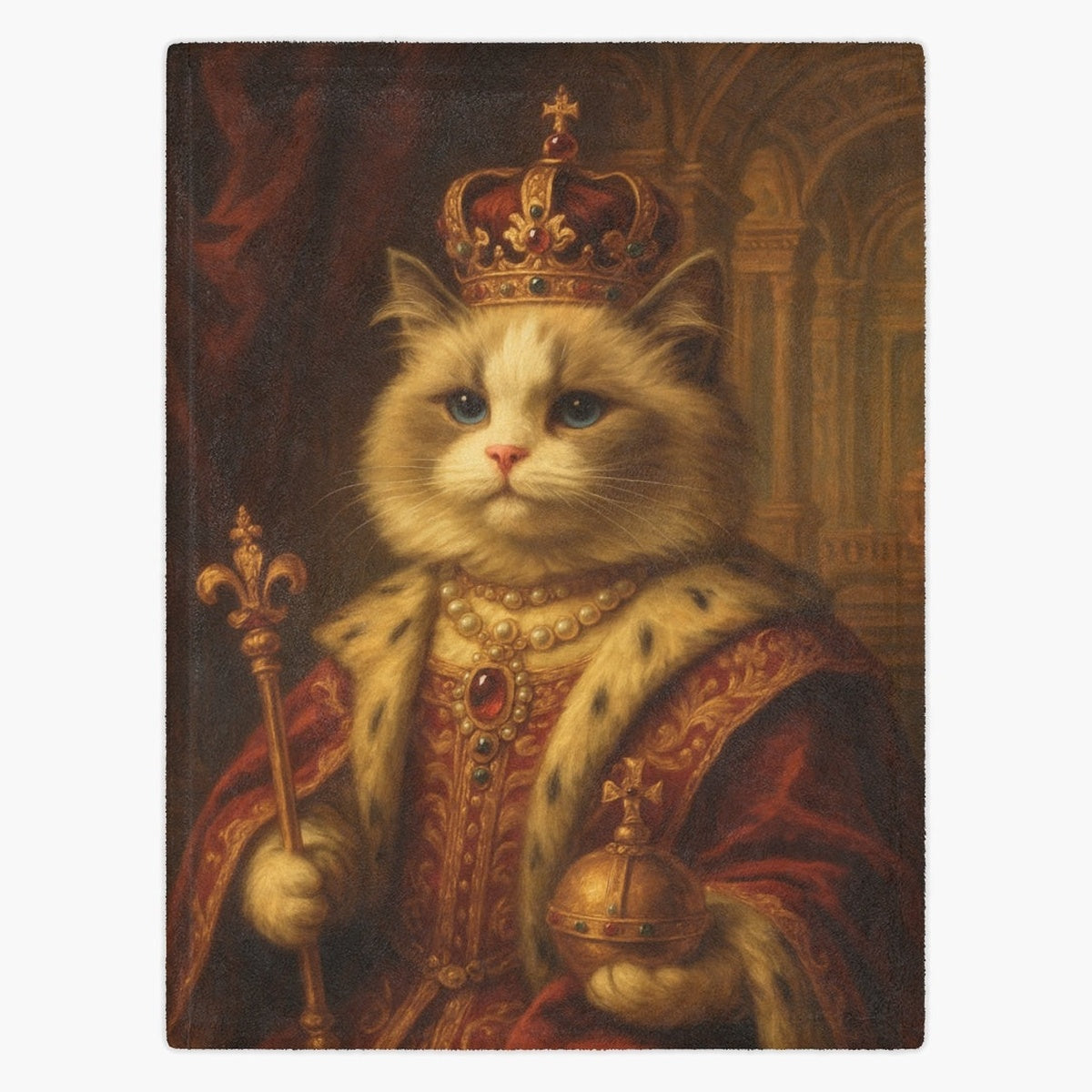Fleece blanket printed with a cream long-haired cat as a Renaissance monarch, in a jeweled crown and red robe holding a scepter and orb.