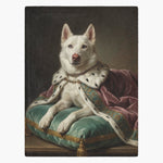 Fleece blanket printed with an oil-painting portrait of a white husky in an ermine robe and gold chain, resting on a green silk cushion.