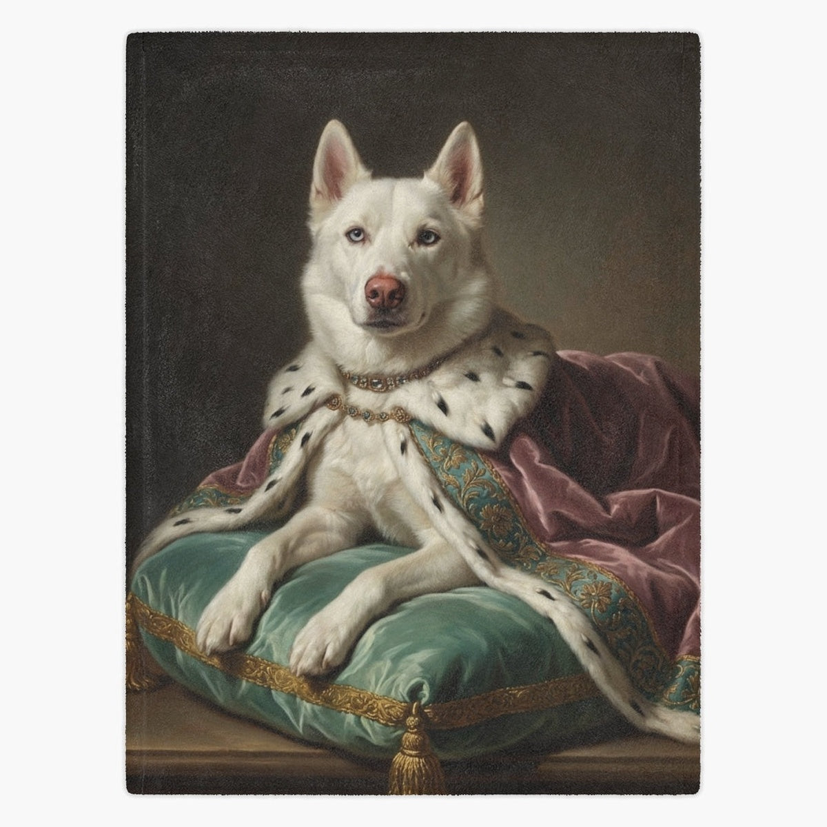 Fleece blanket printed with an oil-painting portrait of a white husky in an ermine robe and gold chain, resting on a green silk cushion.