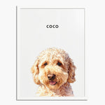 Watercolor portrait of one pet on a soft white background, framed in white wood, with the pet's name printed above.