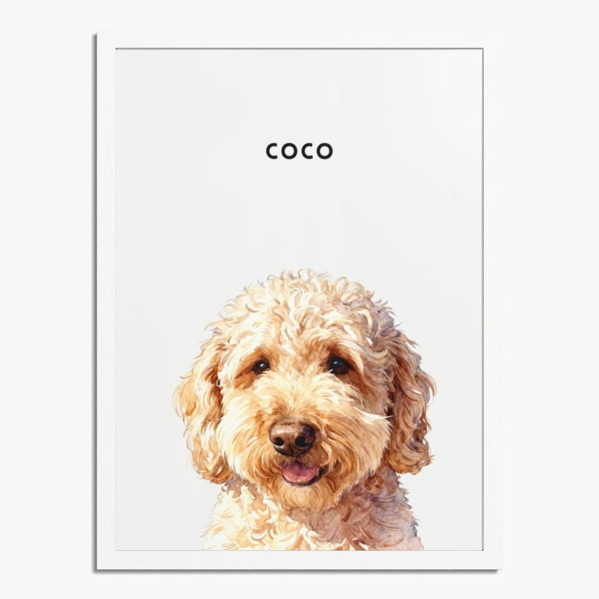Watercolor portrait of one pet on a soft white background, framed in white wood, with the pet's name printed above.