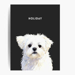 Unframed watercolor portrait print of one pet on a charcoal gray background, with the pet's name printed above.