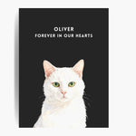 Unframed watercolor white cat print on a charcoal gray background, with "OLIVER FOREVER IN OUR HEARTS" in white above the cat.