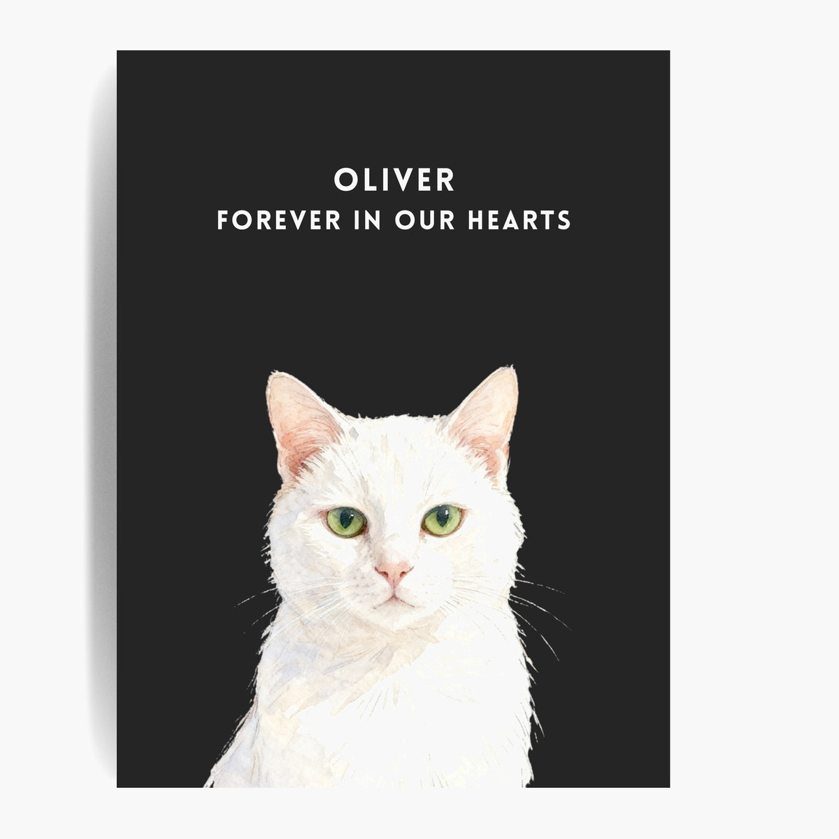 Unframed watercolor white cat print on a charcoal gray background, with "OLIVER FOREVER IN OUR HEARTS" in white above the cat.