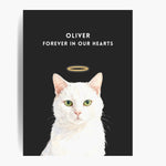 Unframed watercolor white cat print with a gold halo on a charcoal gray background; white text reads "OLIVER FOREVER IN OUR HEARTS".