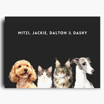 Unframed watercolor portrait print of four pets side by side on a charcoal gray background, with their names printed above.