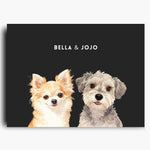 Unframed watercolor portrait print of two pets side by side on a charcoal gray background, with their names printed above.