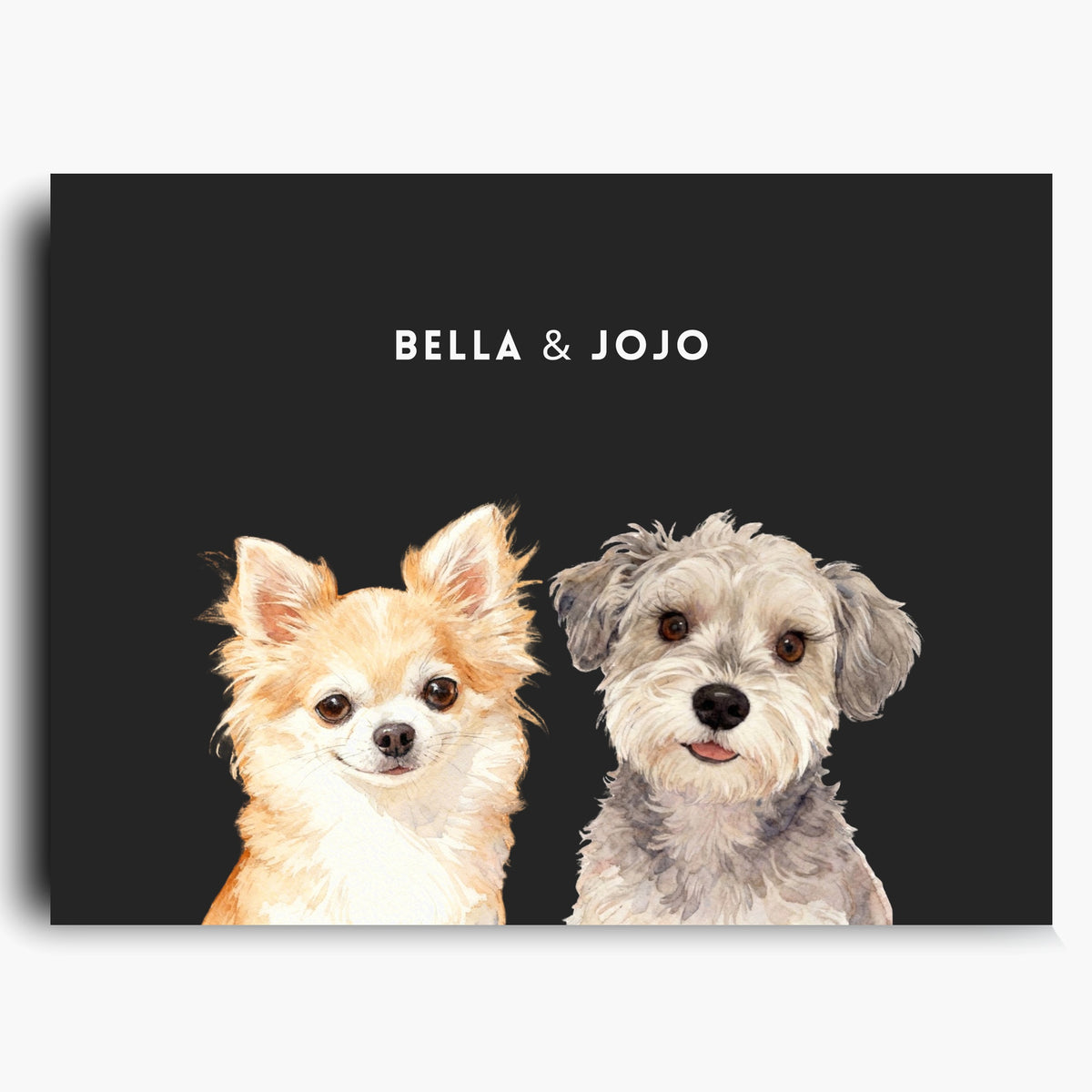 Unframed watercolor portrait print of two pets side by side on a charcoal gray background, with their names printed above.