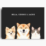 Unframed watercolor portrait print of three pets side by side on a charcoal gray background, with their names printed above.