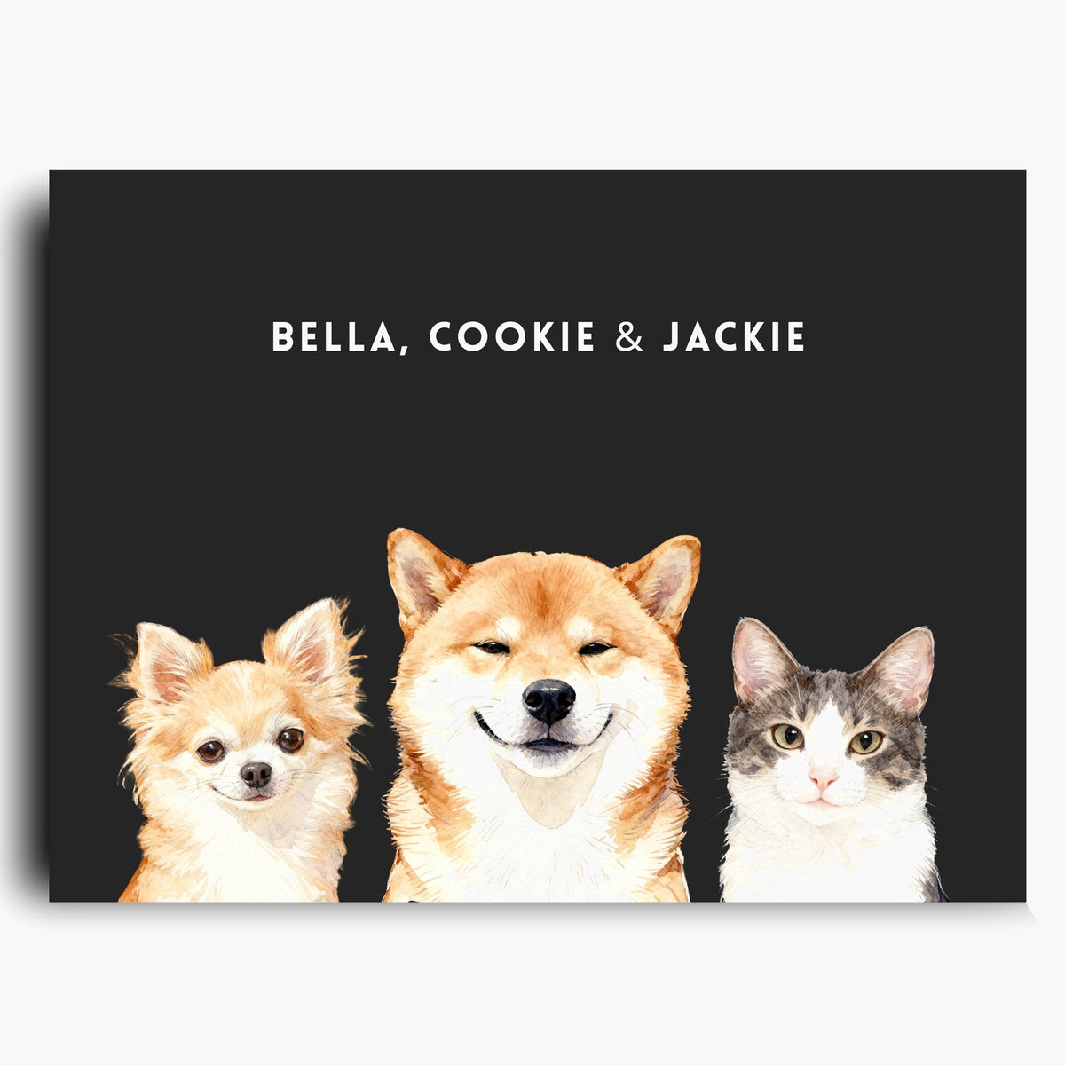 Unframed watercolor portrait print of three pets side by side on a charcoal gray background, with their names printed above.