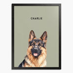 Watercolor portrait of one pet on a sage background, framed in black wood, with the pet's name printed above.