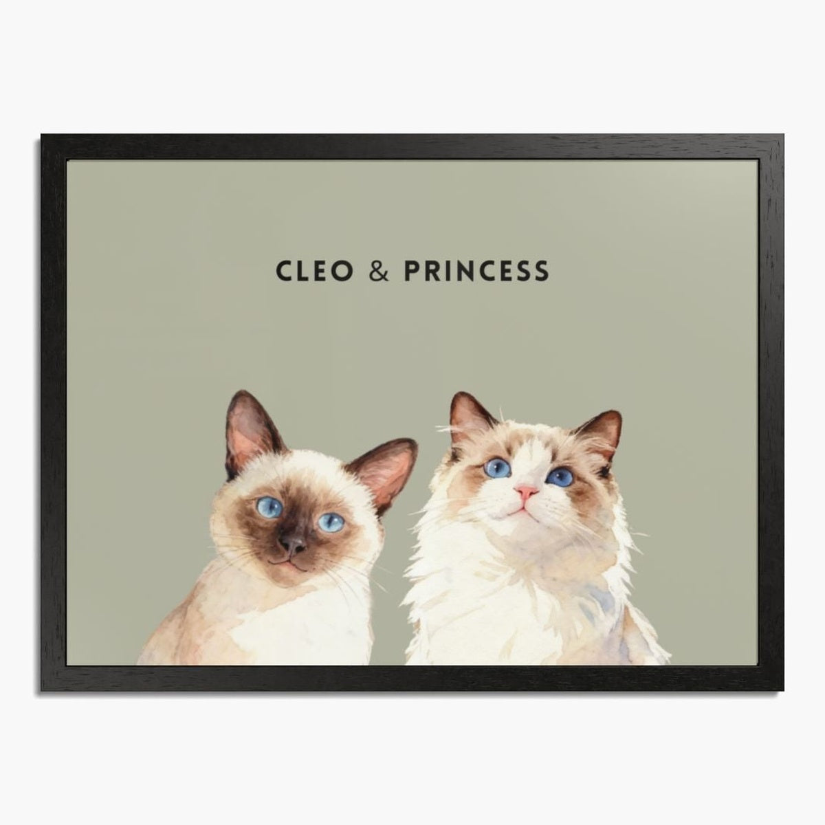 Watercolor portrait of two pets side by side on a sage background, framed in black wood, with their names printed above.