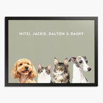 Watercolor portrait of four pets side by side on a sage background, framed in black wood, with their names printed above.
