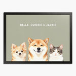 Watercolor portrait of three pets side by side on a sage background, framed in black wood, with their names printed above.