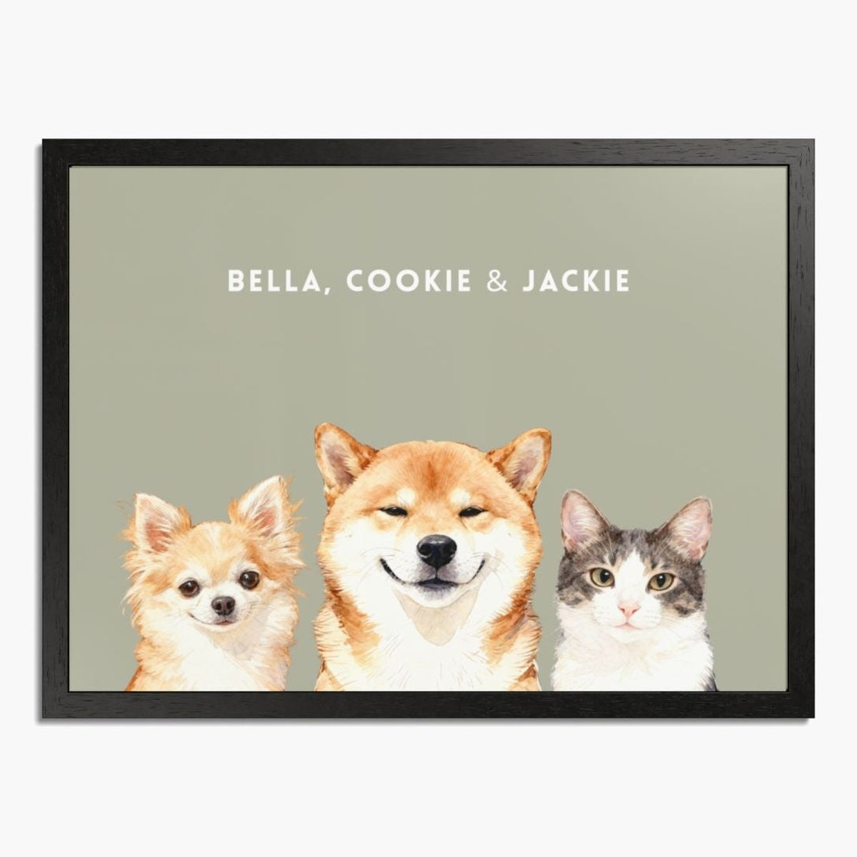Watercolor portrait of three pets side by side on a sage background, framed in black wood, with their names printed above.