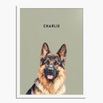 Watercolor portrait of one pet on a sage background, framed in white wood, with the pet's name printed above.