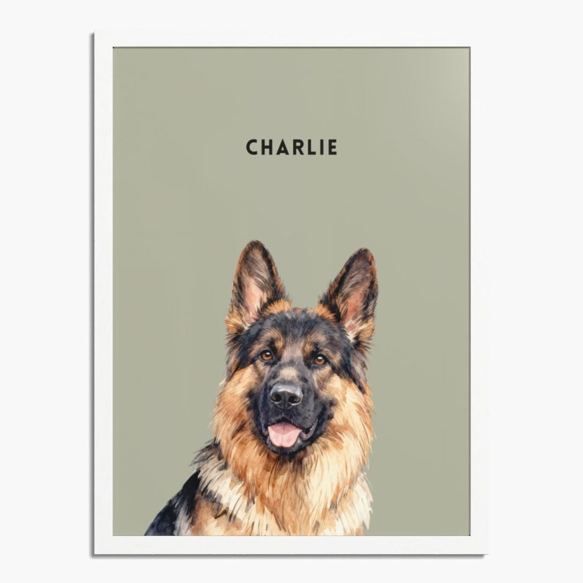 Watercolor portrait of one pet on a sage background, framed in white wood, with the pet's name printed above.