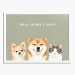 Watercolor portrait of three pets side by side on a sage background, framed in white wood, with their names printed above.