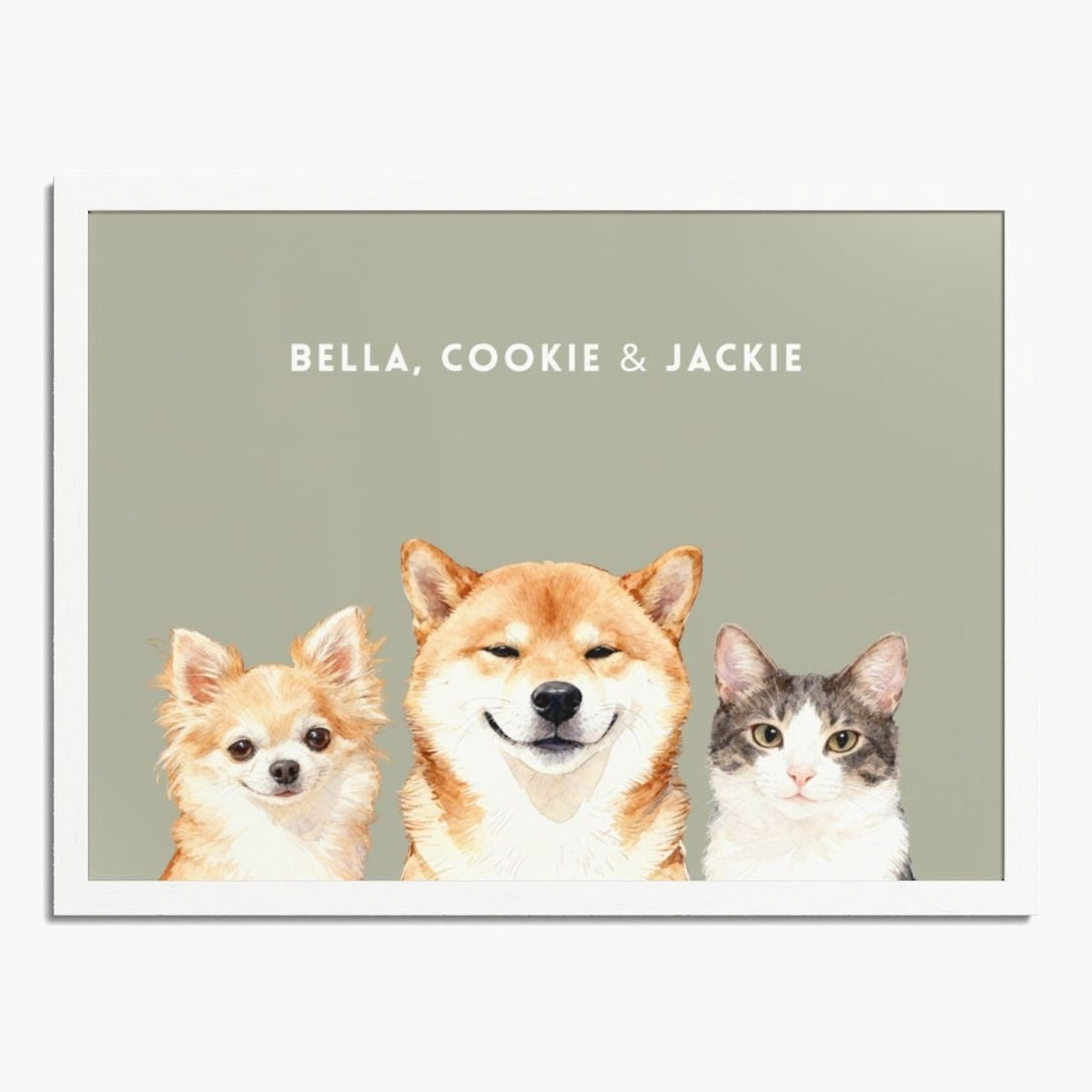Watercolor portrait of three pets side by side on a sage background, framed in white wood, with their names printed above.