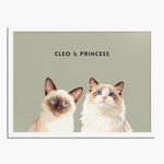 Watercolor portrait of two pets side by side on a sage background, framed in white wood, with their names printed above.