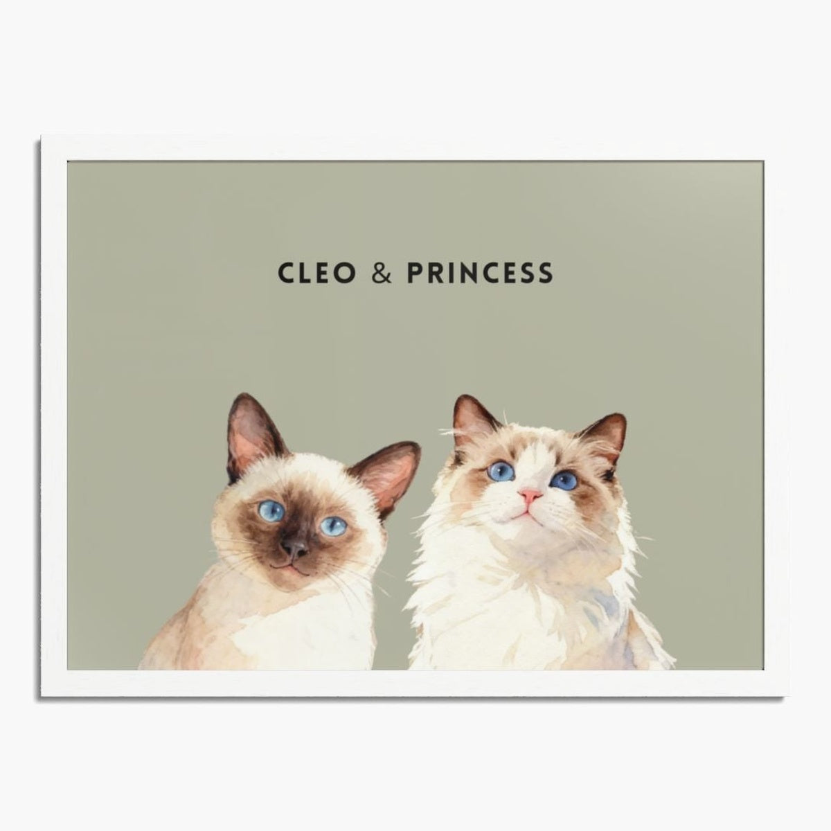 Watercolor portrait of two pets side by side on a sage background, framed in white wood, with their names printed above.