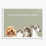 Watercolor portrait of four pets side by side on a sage background, framed in white wood, with their names printed above.