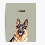 Unframed watercolor portrait print of one pet on a sage background, with the pet's name printed above.