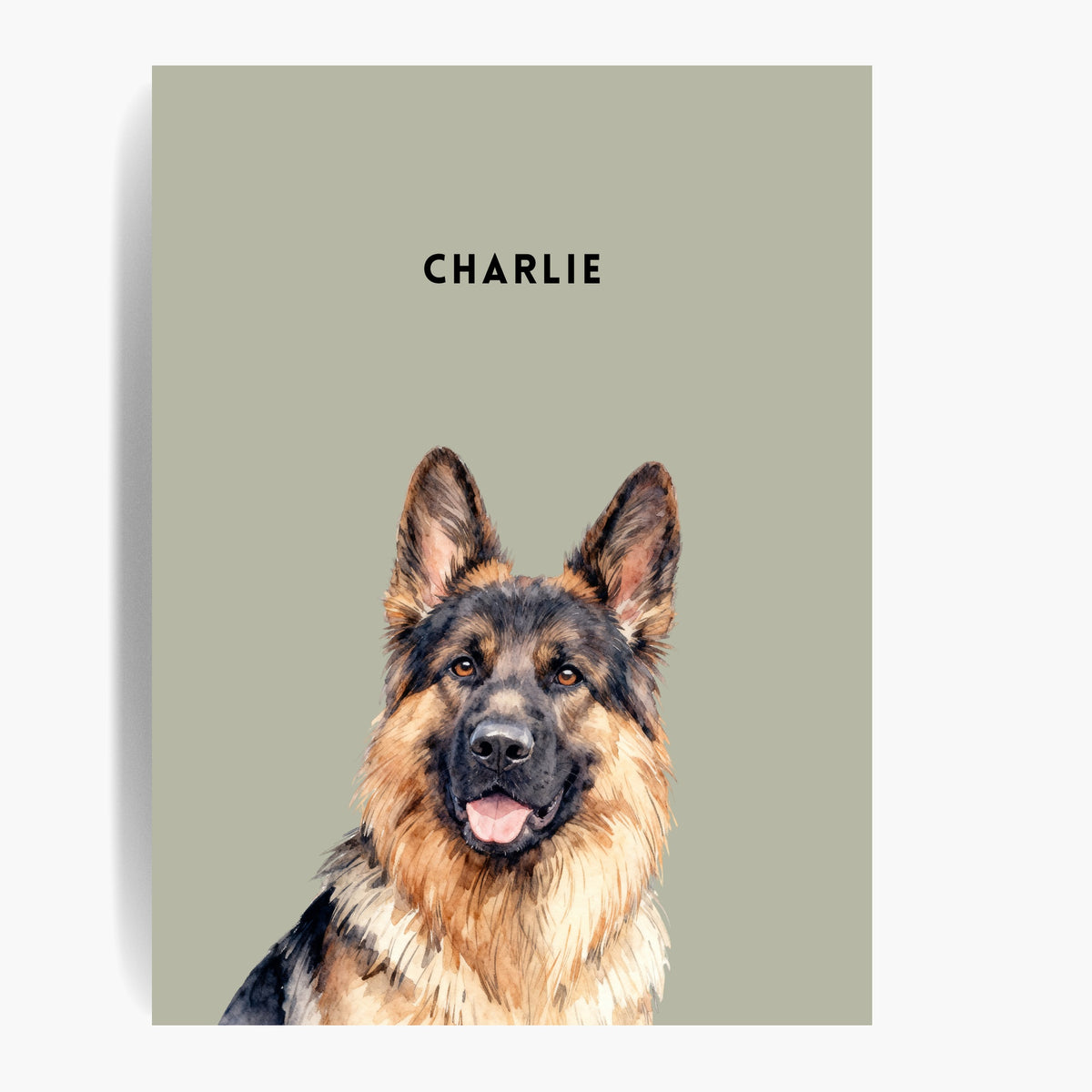 Unframed watercolor portrait print of one pet on a sage background, with the pet's name printed above.