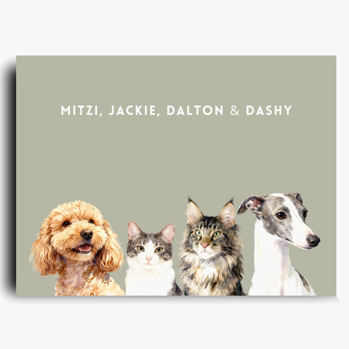 Unframed watercolor portrait print of four pets side by side on a sage background, with their names printed above.