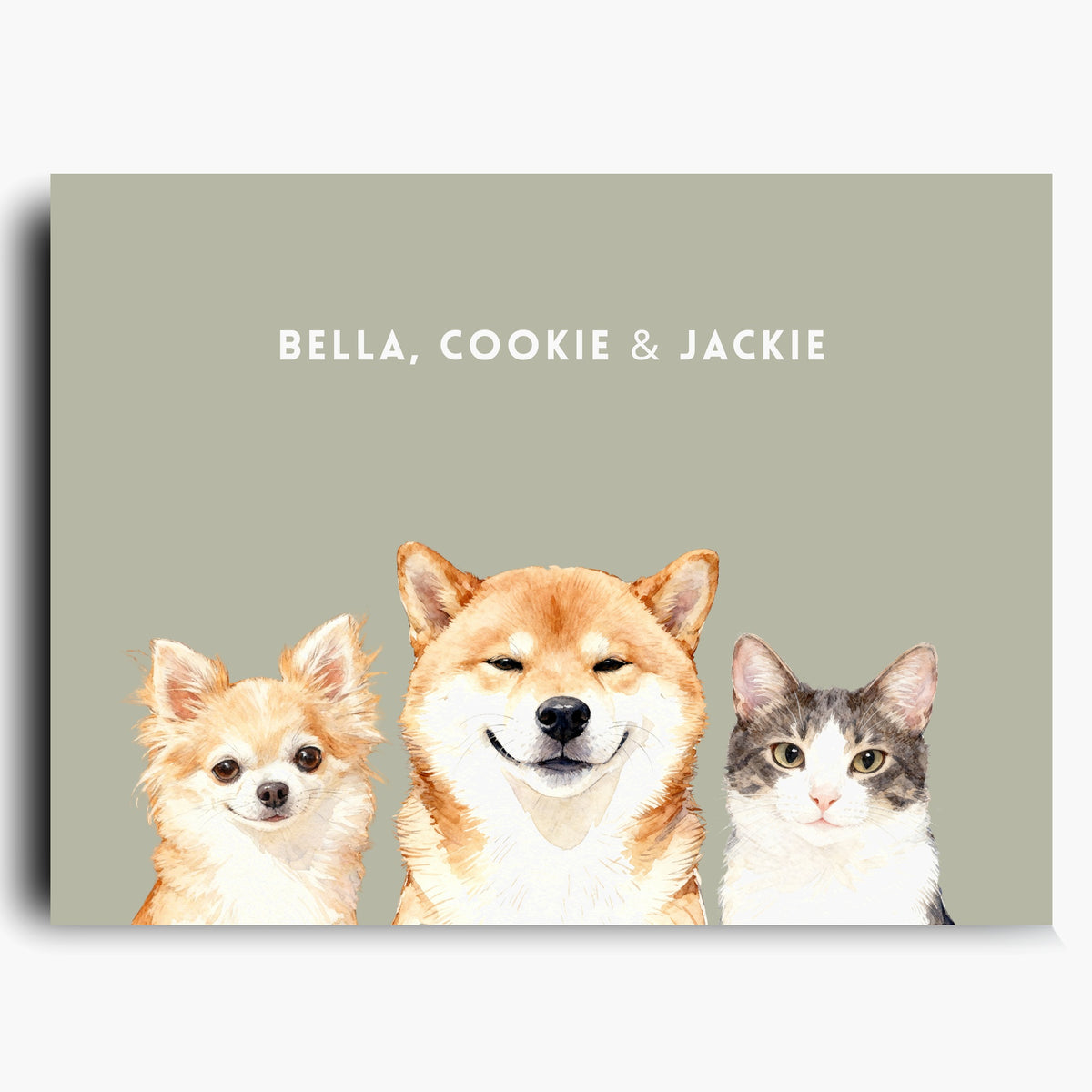 Unframed watercolor portrait print of three pets side by side on a sage background, with their names printed above.