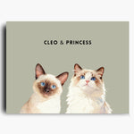 Unframed watercolor portrait print of two pets side by side on a sage background, with their names printed above.