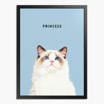 Watercolor portrait of one pet on a French blue background, framed in black wood, with the pet's name printed above.
