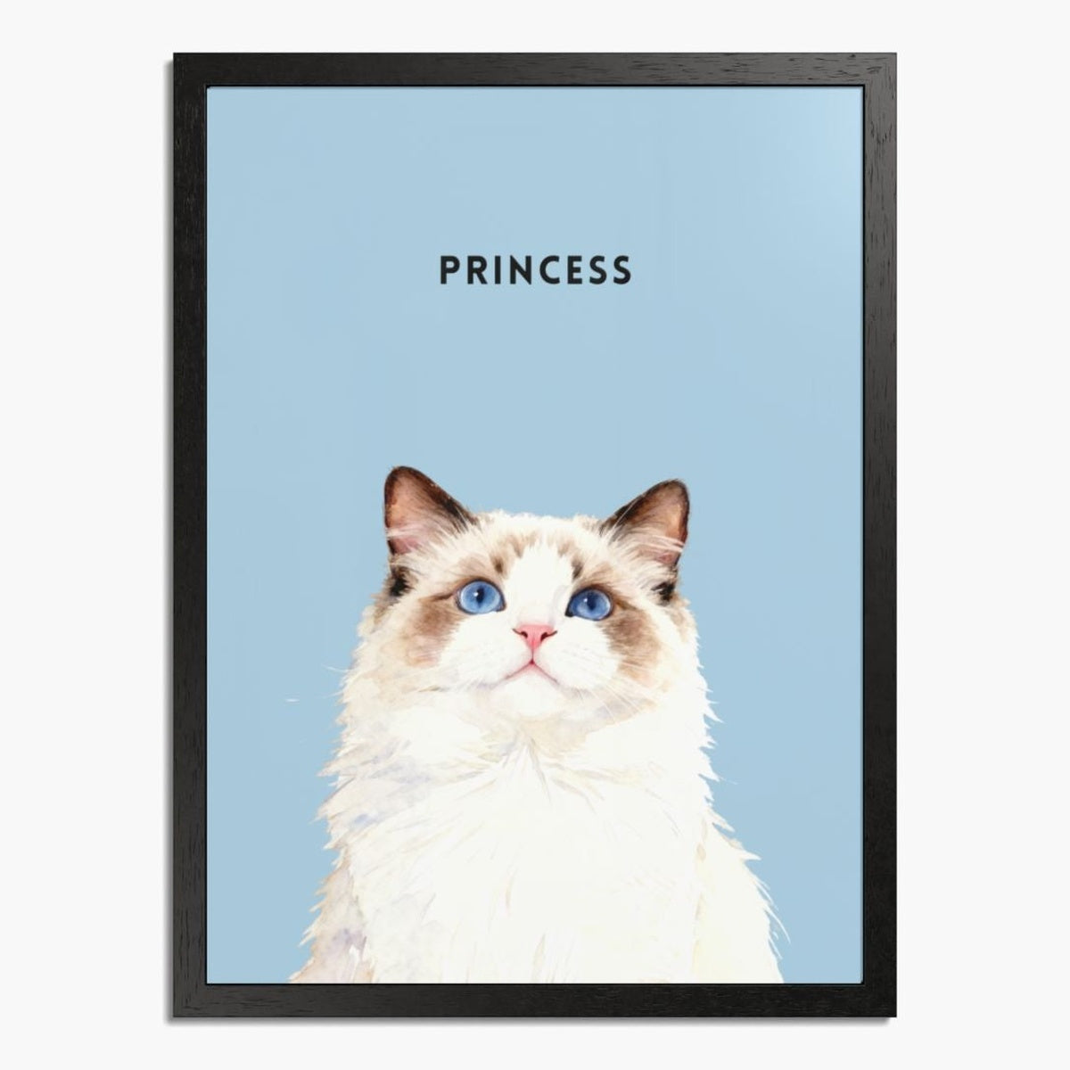 Watercolor portrait of one pet on a French blue background, framed in black wood, with the pet's name printed above.