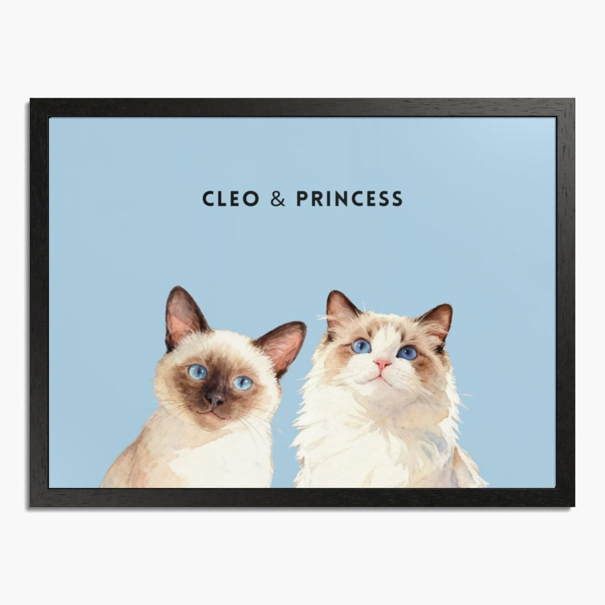 Watercolor portrait of two pets side by side on a French blue background, framed in black wood, with their names printed above.