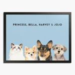 Watercolor portrait of four pets side by side on a French blue background, framed in black wood, with their names printed above.