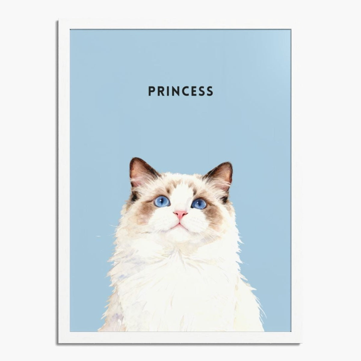 Watercolor portrait of one pet on a French blue background, framed in white wood, with the pet's name printed above.