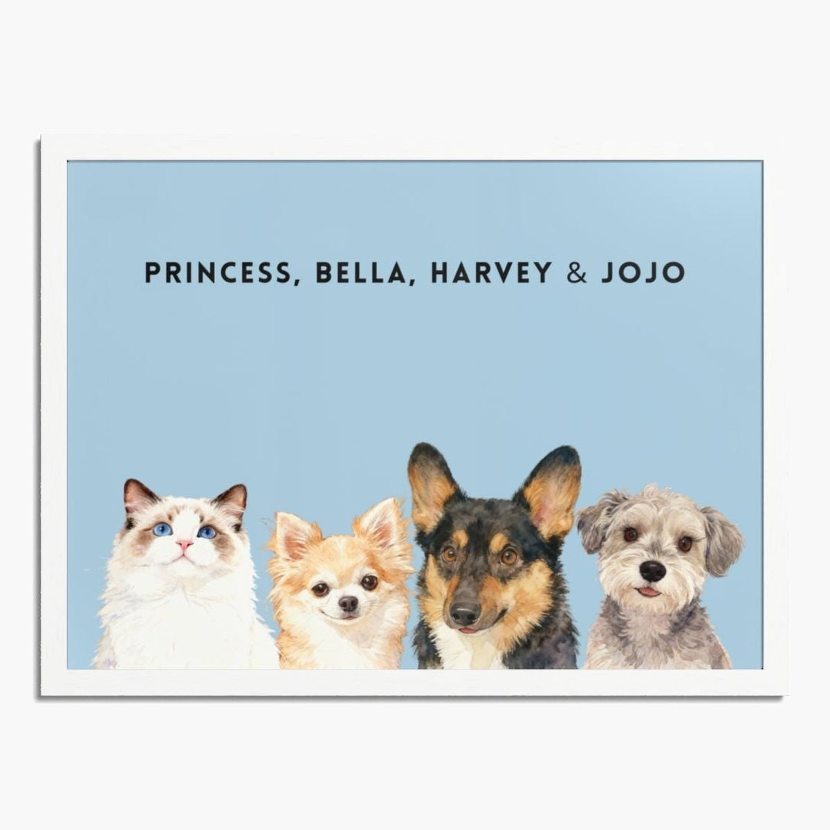 Watercolor portrait of four pets side by side on a French blue background, framed in white wood, with their names printed above.