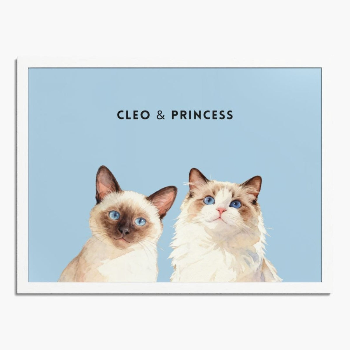 Watercolor portrait of two pets side by side on a French blue background, framed in white wood, with their names printed above.