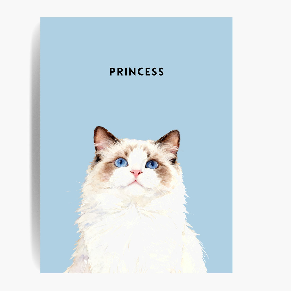 Unframed watercolor portrait print of one pet on a French blue background, with the pet's name printed above.