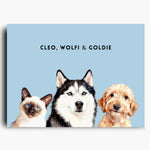 Unframed watercolor portrait print of three pets side by side on a French blue background, with their names printed above.
