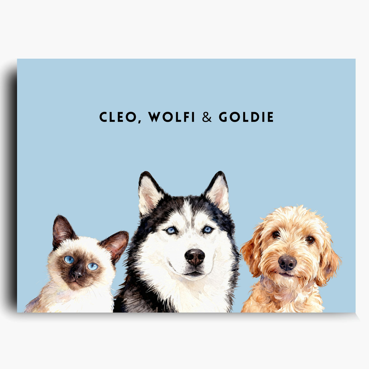 Unframed watercolor portrait print of three pets side by side on a French blue background, with their names printed above.